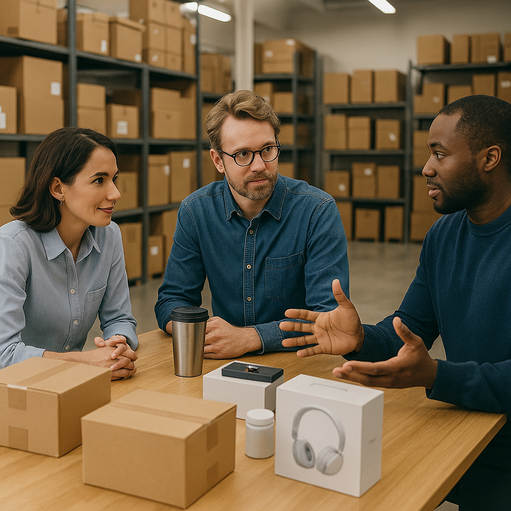 NBR About Us - People discussing products in the warehouse